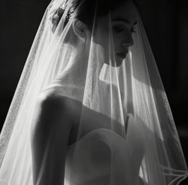 Stark black and white close-up of a bride's veil caught in a beam of harsh directional sunlight, deep geometric shadows, minimalist composition, sharp focus.