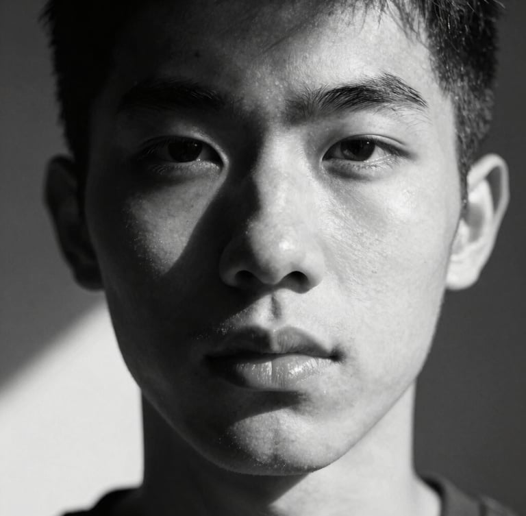 Portrait-aspect black and white close-up portrait, hard directional sunlight creating sharp geometric shadows across the face, intense expression, minimalist composition, 35mm film grain.