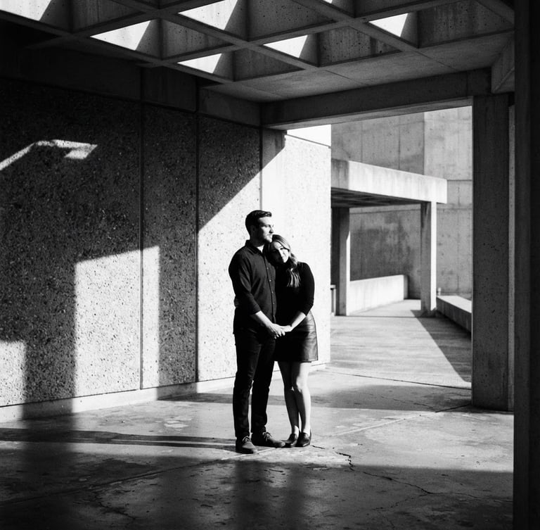 High-contrast black and white photograph of a modern couple standing in a minimalist concrete pavilion, sharp geometric shadows, dramatic side lighting, 35mm film grain.