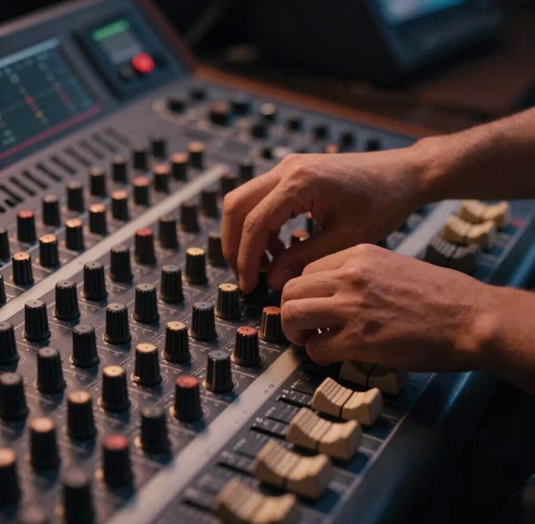 Warm low-key studio shot of hands adjusting dials on an analog mixing console, soft golden-hour light, 35mm film style.
