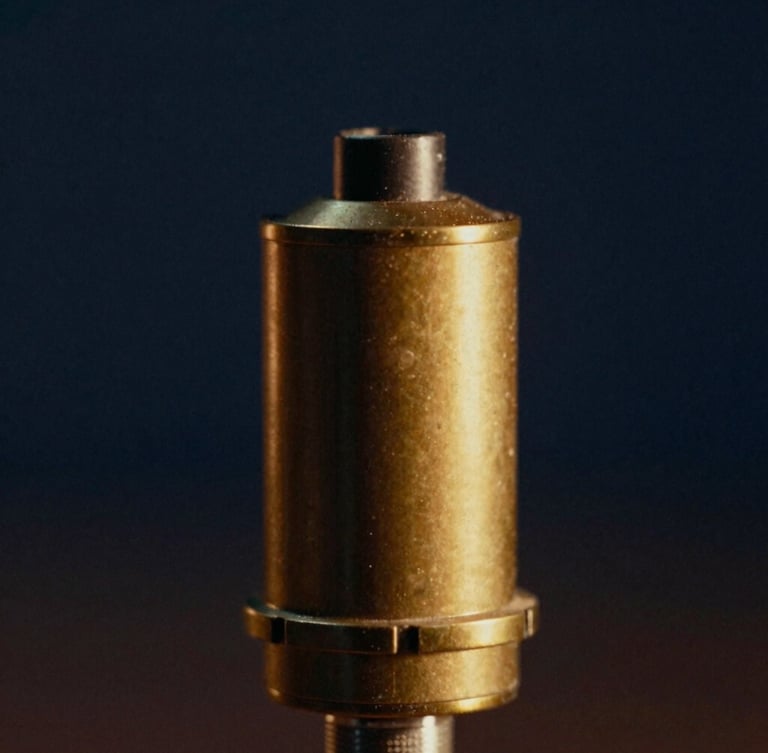 Tight geometric close-up of a vintage brass microphone capsule, warm golden-hour studio lighting, soft shadows, deep navy background, 35mm film grain.
