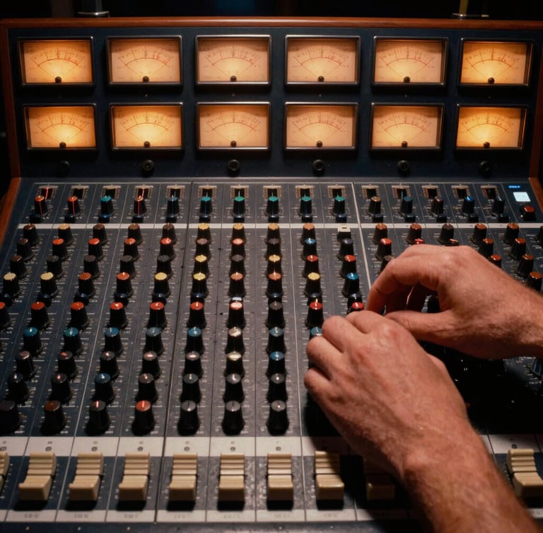 Hands adjusting dials on a vintage analog mixing console, warm low-key studio lighting, copper-gold accents on the VU meters, tight grid-aligned framing