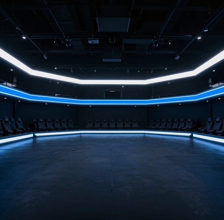Wide panoramic empty dark esports arena with sharp electric blue and cool white neon accents, dramatic low-key studio lighting, premium tech photography