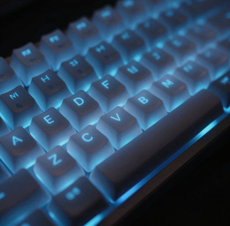 Extreme close-up of a premium custom mechanical keyboard with translucent keycaps, glowing electric blue RGB backlighting, dark moody studio lighting, shallow depth of field.