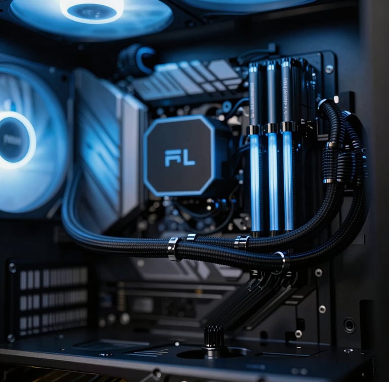 Macro close-up of a custom water-cooled PC rig, glowing electric blue coolant pipes, matte black chassis, dramatic dark studio lighting, shallow depth of field.