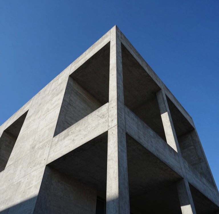 Sharp low-angle architectural photograph of a modern concrete and steel structure rising against a crisp blue sky, high-contrast shadows, professional architectural framing.