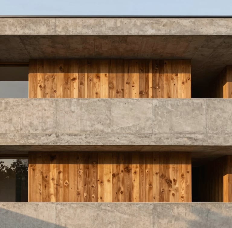 Architectural photography of a contemporary concrete and wood structure facade, clean lines, soft golden hour light, warm earth tones, 35mm lens