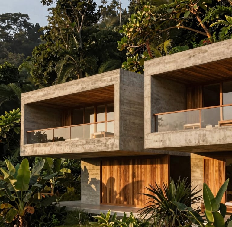 Architectural photography of a luxury eco-resort in Costa Rica, raw concrete and teak wood structure integrated into a lush cliffside, soft golden hour light, warm earth tones, clean lines, 35mm lens.