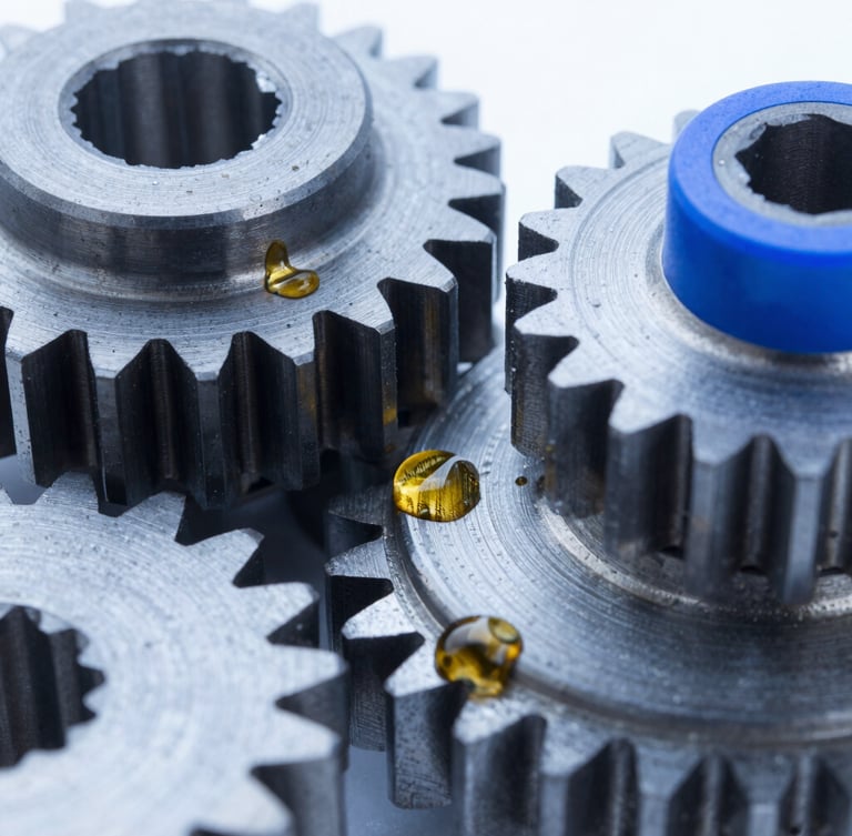 Macro close-up of clean steel mechanical gears and golden lubricant oil droplets, cool blue studio lighting, sharp focus, 50mm