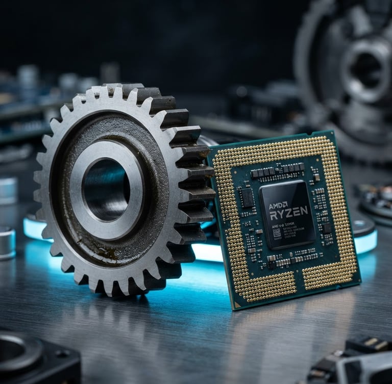 Macro studio product photography of a pristine metallic automotive gear paired with a modern computer microchip, cool blue backlighting, sharp focus, technical precision, 50mm