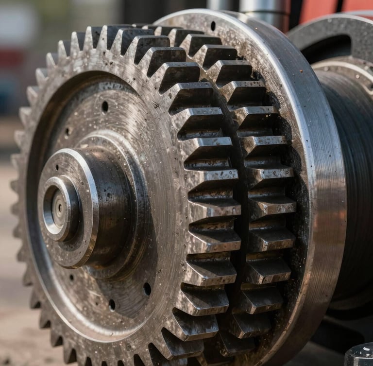 Close-up macro shot of heavy steel gears and hydraulic pistons of an agricultural machine, natural high-contrast daylight, industrial texture.
