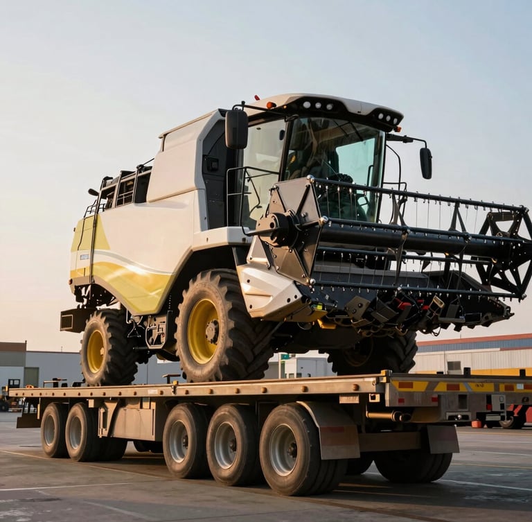 Low-angle shot of a massive agricultural harvester loaded on a heavy-duty flatbed trailer, industrial port terminal in the background under golden hour light, high-contrast daylight, metallic textures.