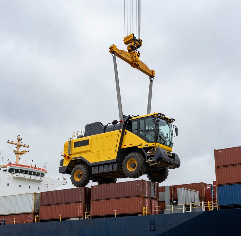 Low-angle shot of a massive yellow harvester being hoisted by a port crane onto a container ship, overcast industrial sky, high contrast, industrial scale.