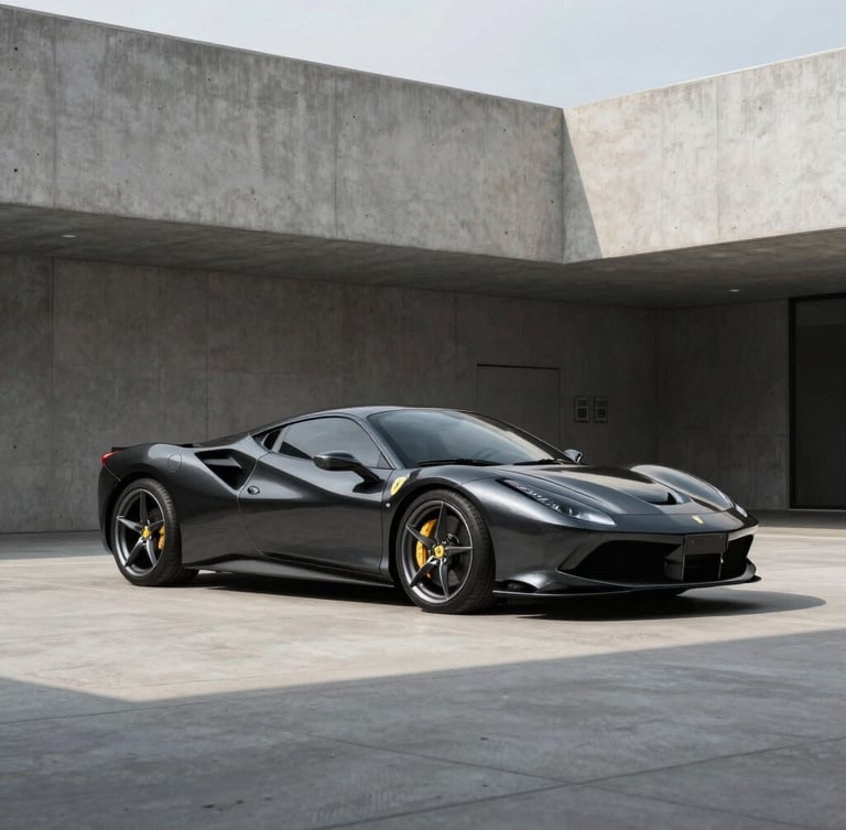 Sleek metallic black Ferrari parked in a minimalist concrete architectural space in Seoul, sharp overcast daylight, deep shadows, 50mm lens