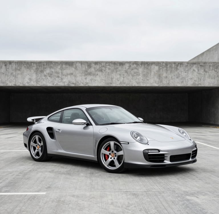 A sleek silver Porsche 911 Turbo parked in a minimalist, high-contrast concrete shipping terminal, overcast daylight, metallic reflections, 50mm lens