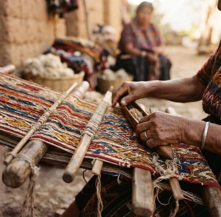 Close-up of hands weaving colorful traditional Latin American textiles with natural fibers, soft golden hour light, warm organic tones.