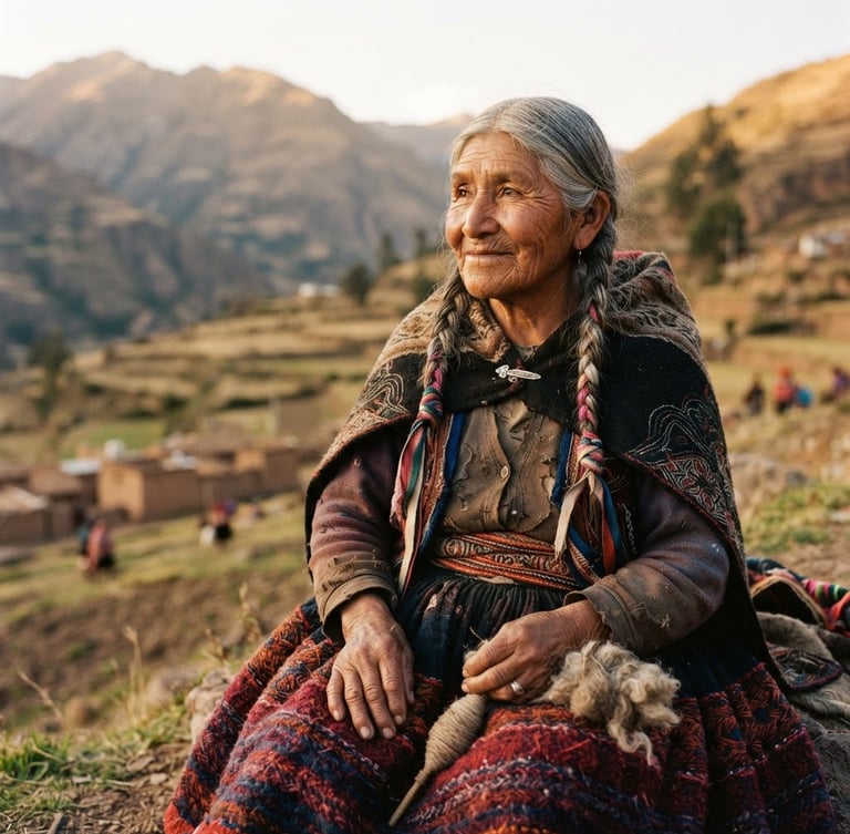 Candid portrait of an indigenous elder woman in Latin America, soft golden hour light, warm earthy tones, looking thoughtfully off-camera, textile details, 35mm