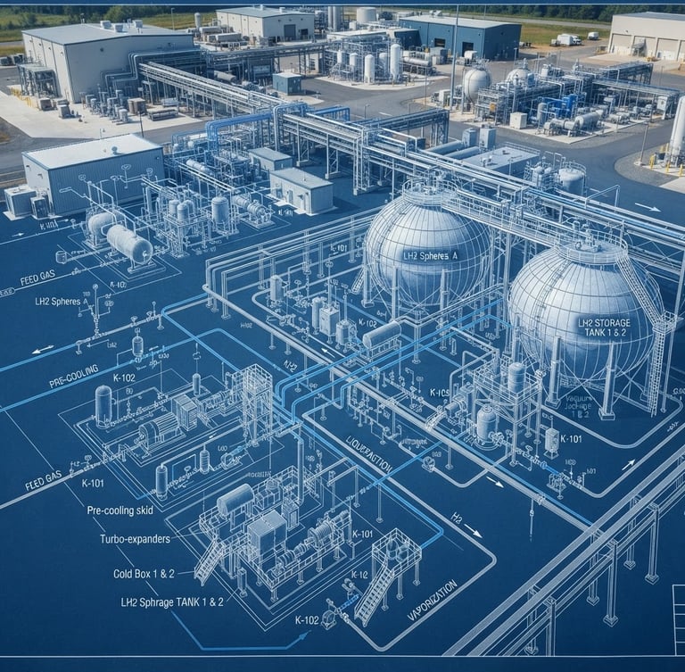 High-contrast technical blueprint schematic of an LH2 liquefaction plant, showing intricate piping and cryogenic storage tanks, cool blue tones, industrial engineering photography, sharp focus, clean architectural lines, daylight, 35mm