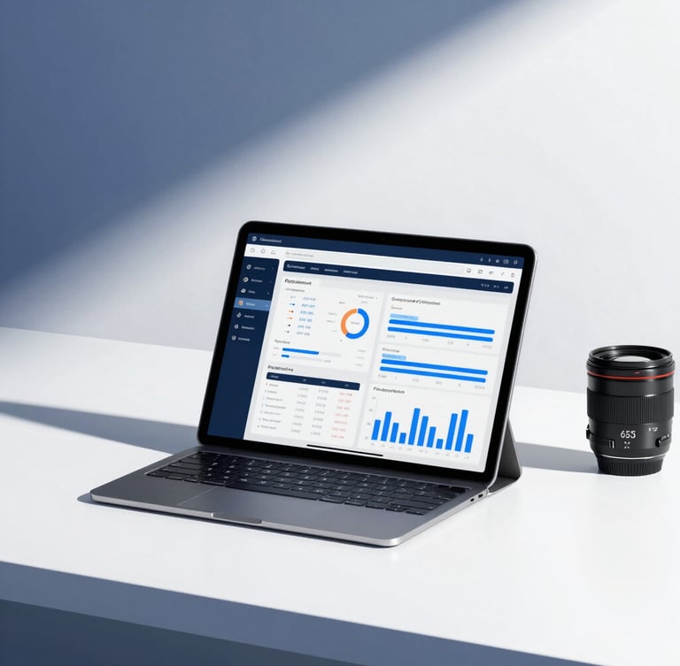 A professional minimalist workspace in Riyadh with clean daylight, a high-end tablet displaying analytics, cool crisp tones, 35mm lens.