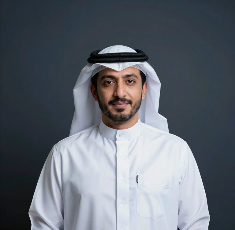 A professional portrait of a Saudi technology founder in a minimalist corporate setting, soft cool studio lighting, dark obsidian background, sharp focus.