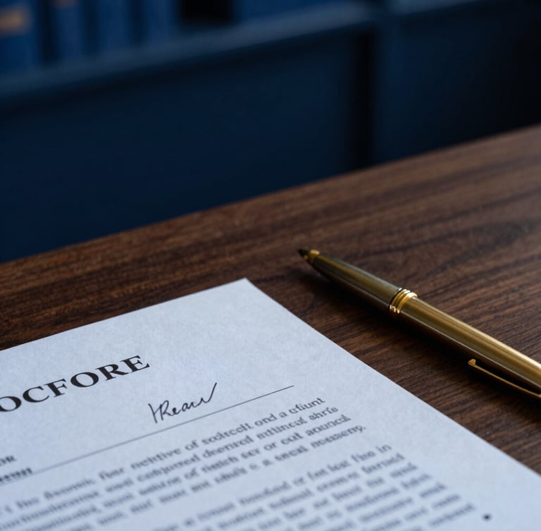 Authoritative close-up of a signed legal contract on a heavy walnut desk, elegant gold pen resting nearby, dramatic side lighting, deep oxford blue tones, sharp focus, 35mm