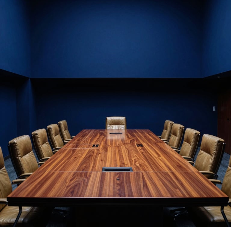 Wide-angle dramatic editorial photography of a high-level corporate boardroom in Mexico, low-key side lighting, deep oxford blue shadows, sharp architectural lines, polished heavy wood table, leather chairs, 35mm