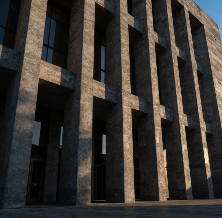 Dramatic wide-angle shot of a modern judicial building facade in Tlaxcala, strong vertical concrete pillars, low-key side lighting, deep shadows, professional architectural style, 35mm