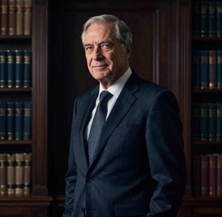 Authoritative portrait of a senior male lawyer in a dark tailored suit, non-smiling, confident expression, dramatic side-lighting, elegant dark office background with books, 35mm.