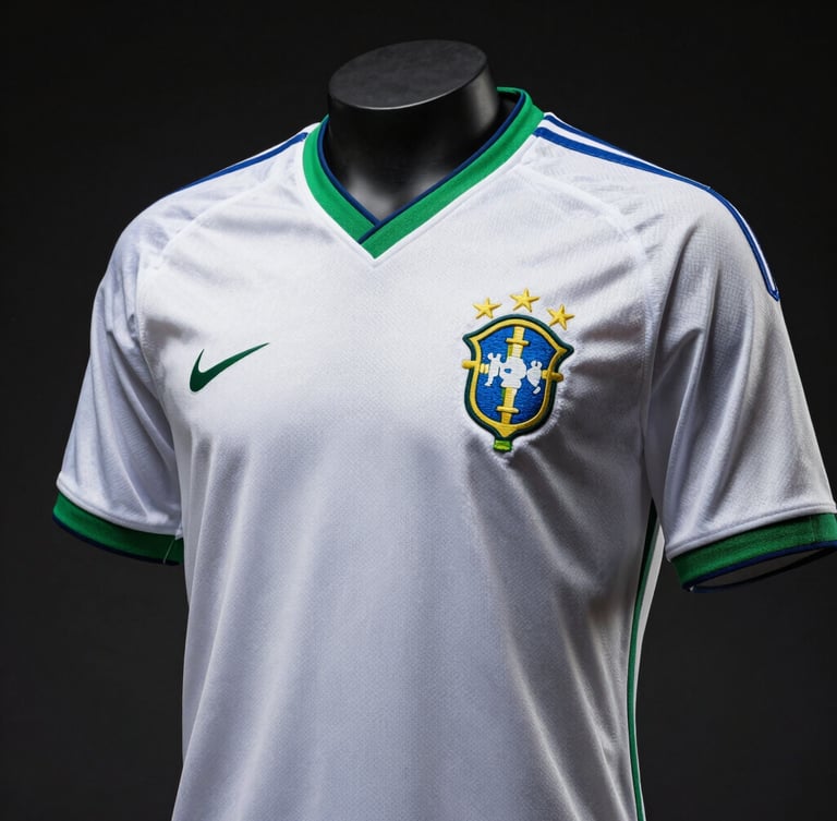 Crisp product photography of a classic 1994 Brazil soccer jersey, dramatic studio lighting, dark moody background, high contrast, sharp details of the embroidered crest