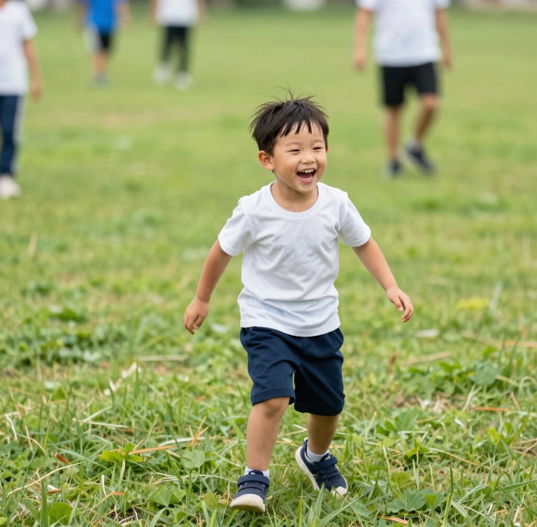 Portrait of a child laughing joyfully while playing an active outdoor camp game, bright natural daylight, vibrant green grass, shallow depth of field, candid action.