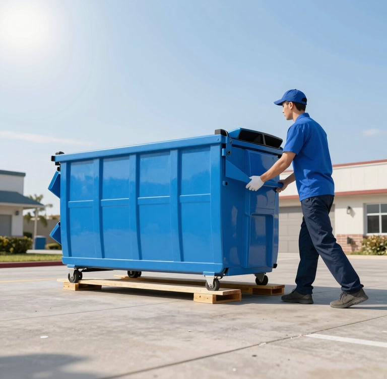 A professional delivery driver in a clean uniform guiding a sky blue dumpster onto protective wooden planks on a clean driveway, bright morning sun