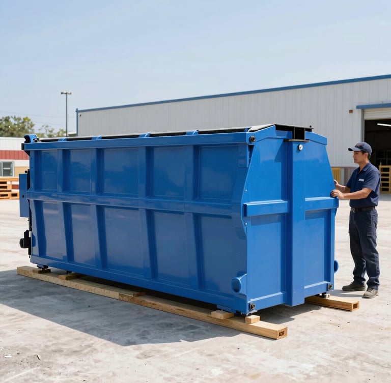 A clean blue roll-off dumpster sitting on protective wooden boards on a clean commercial job site, professional driver in a clean uniform standing nearby, bright midday sun.