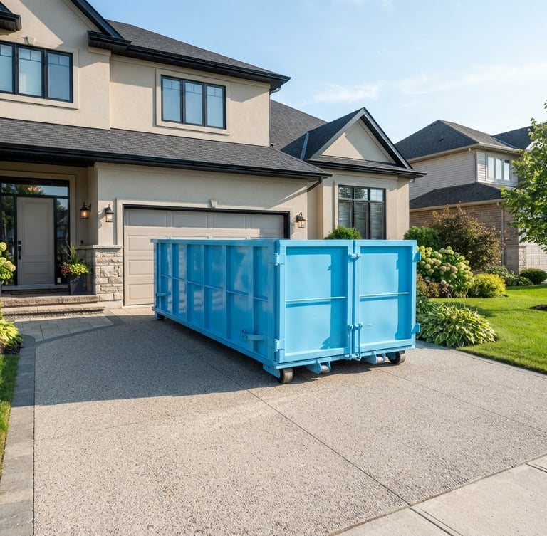 Bright commercial photography of a clean sky blue roll-off dumpster positioned neatly on a pristine residential driveway under bright morning sunlight, sharp focus, wide-angle lens