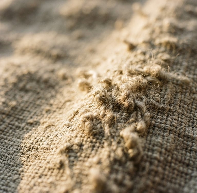 Tight macro shot of raw linen slubs, low-angle warm golden-hour window light, rich tactile textures, shallow depth of field, 35mm
