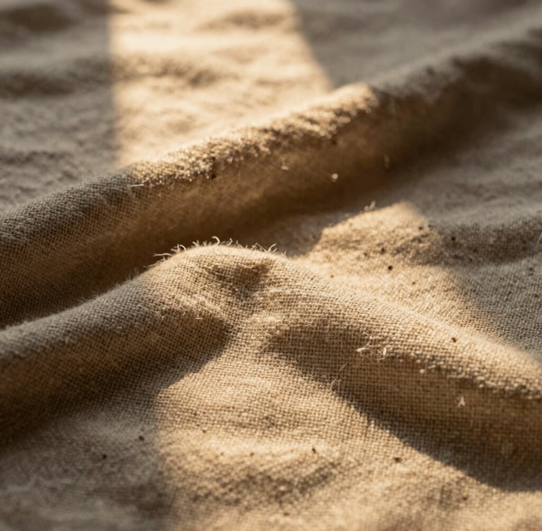 Macro close-up of heavy-weight hand-loomed raw linen fabric grain, showing natural slubs and rich texture under warm golden-hour window light with deep shadows, 35mm.