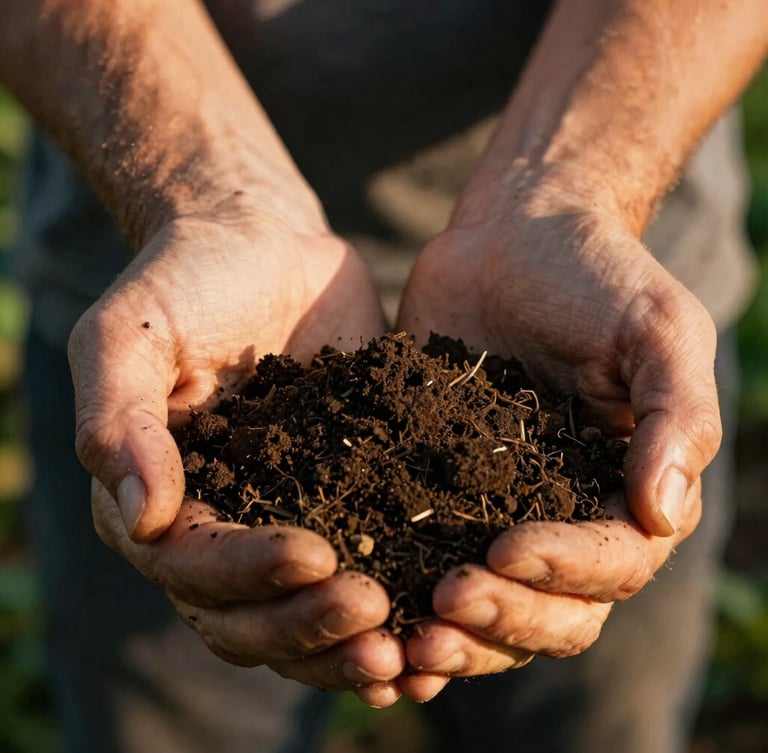 Macro texture of rich, dark organic soil being held gently by farmer hands, warm golden sunlight, high contrast, 35mm agricultural photography