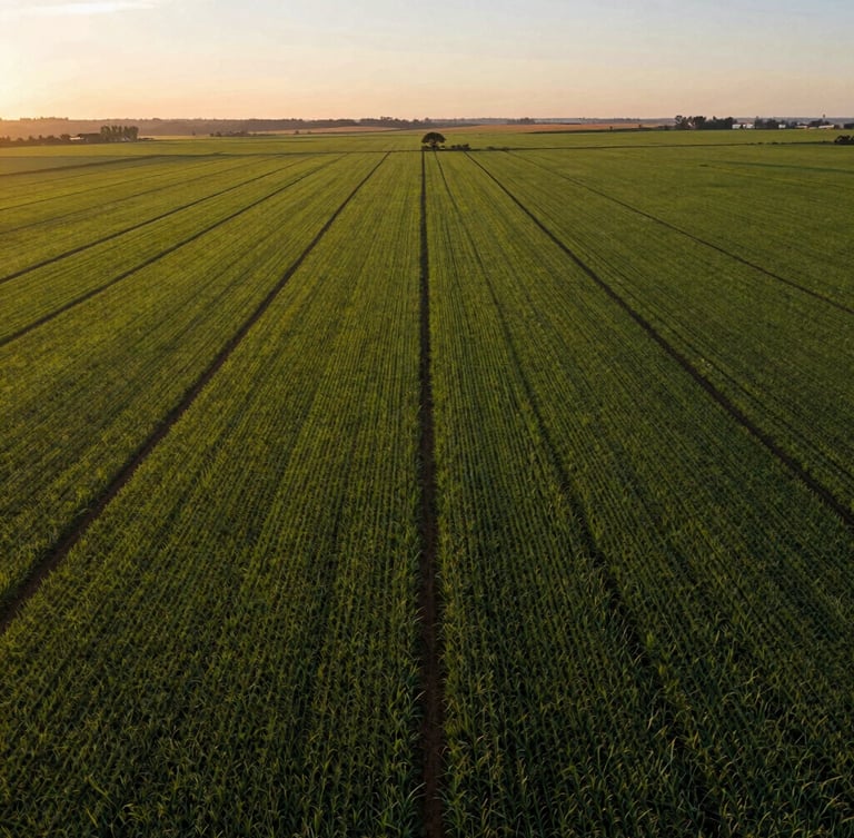 Wide majestic aerial shot of organized, lush green agricultural fields in Brazil under golden-hour morning sunlight, clean horizon, 35mm photography