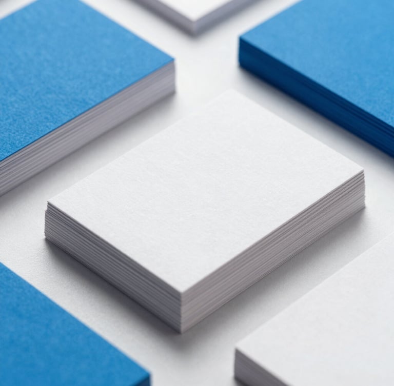 Clean close-up of premium business cards stacked neatly on a minimalist desk, showing crisp embossed textures and sharp edges under bright studio light with vibrant blue accents