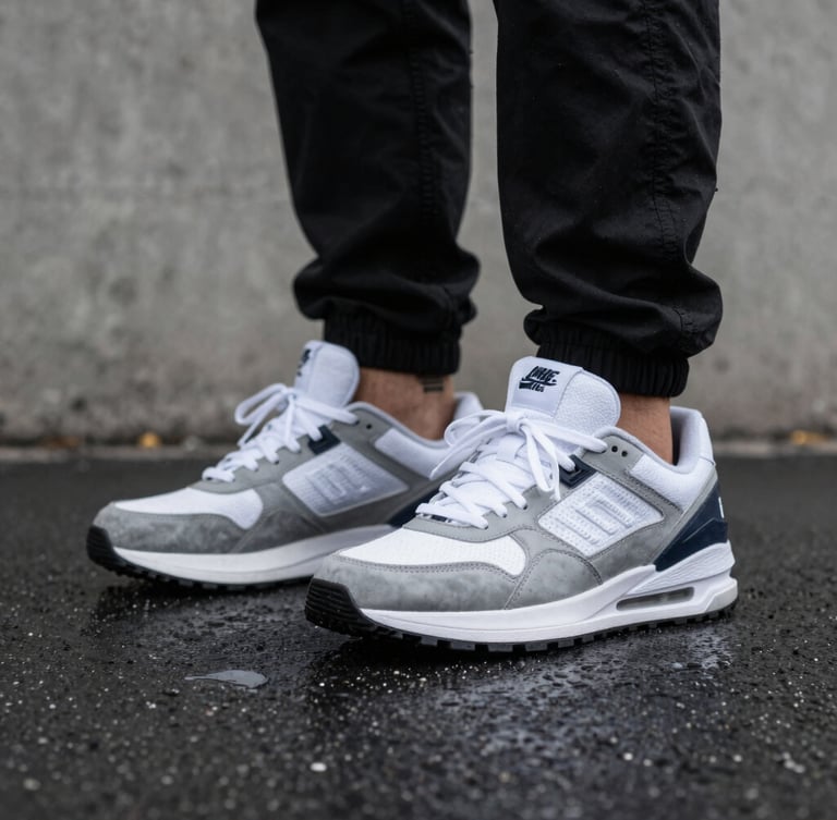 Low-angle close-up of streetwear sneakers on wet Cairo asphalt, sharp overcast lighting, raw concrete background, 35mm lens