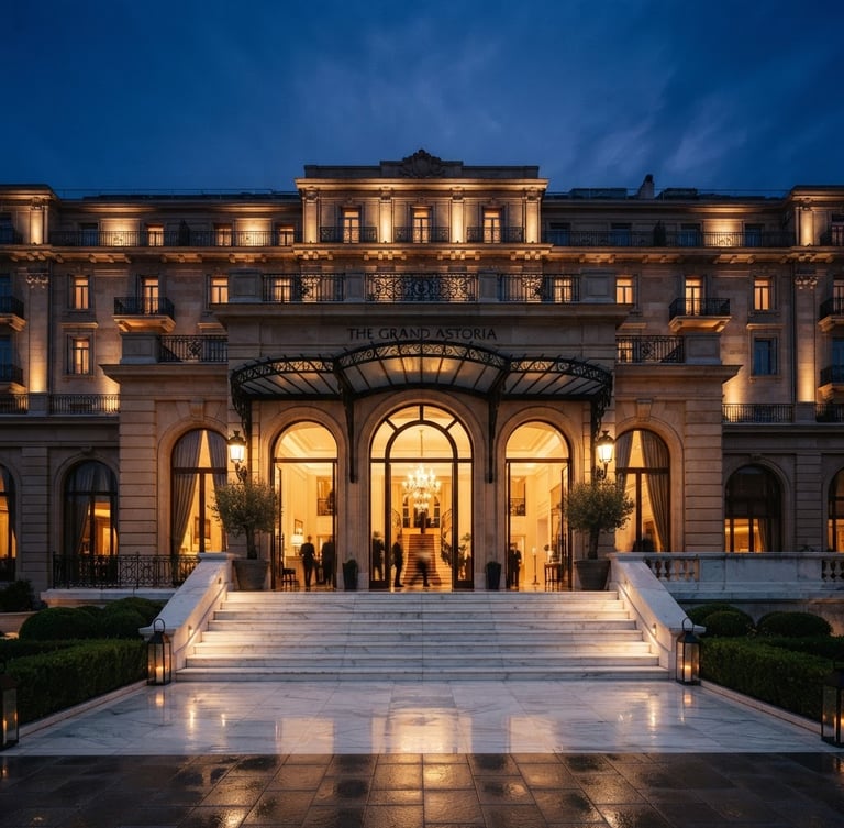 Symmetrical wide architectural shot of a luxury hotel facade at dusk, warm golden interior light spilling onto pristine marble steps, low-key dramatic lighting, 35mm