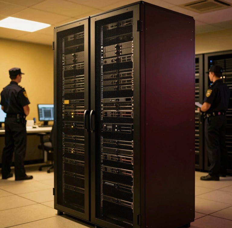 A pristine high-end server rack and security control room, security personnel in crisp dark uniforms visible in soft focus, dramatic low-key lighting with golden accents, 35mm.
