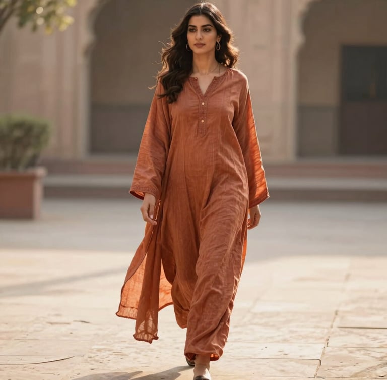 A woman wearing a beautifully draped terracotta linen suit, walking through a sunlit courtyard in Lahore, warm editorial fashion photography, 35mm
