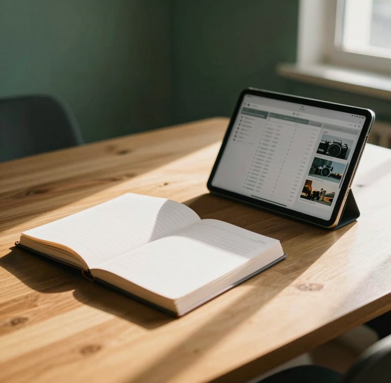 A warm, minimalist workspace in Maputo with soft afternoon sunlight streaming across a wooden table, a physical planner open next to a clean tablet screen displaying a structured layout, 35mm photography