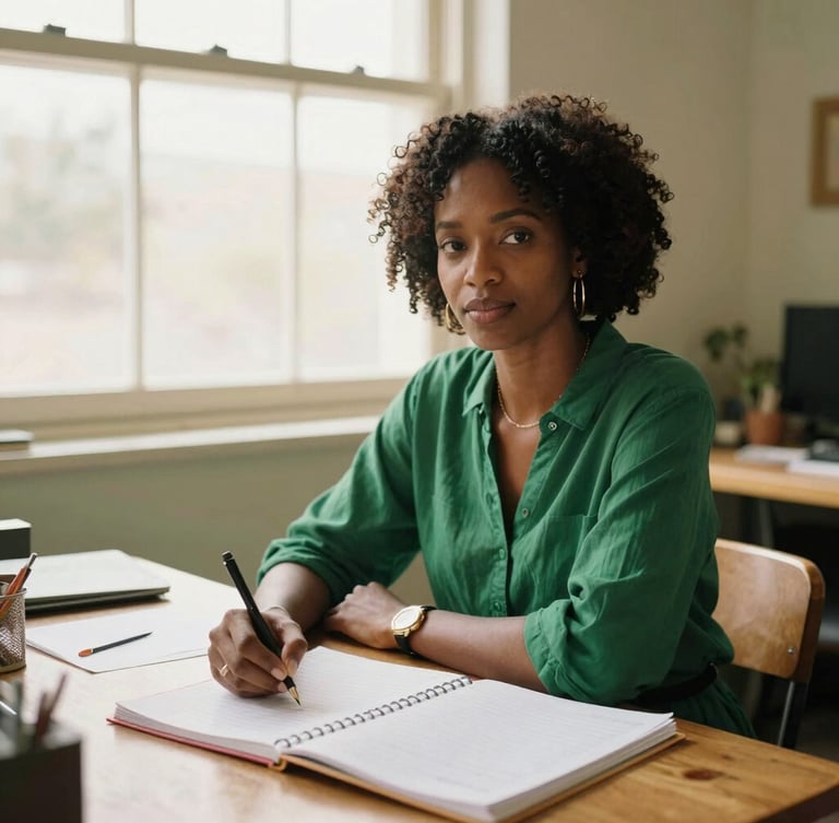 A warm editorial portrait of a Black woman systems thinker in her Maputo workshop, soft late-afternoon window light, wooden desk with physical planners, 35mm