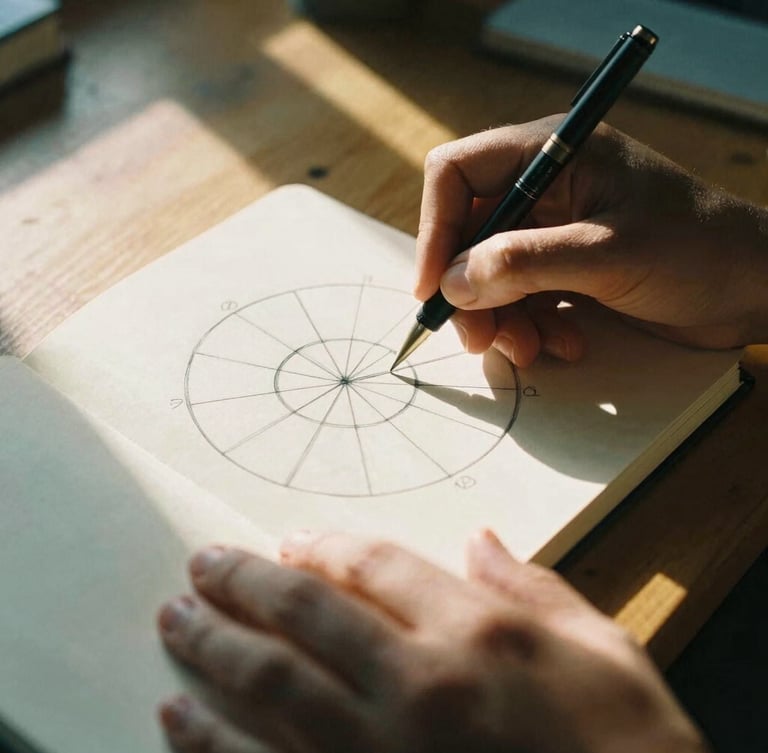 Close-up of hands sketching a 10-domain wheel diagram on a physical notebook, warm late-afternoon sunlight casting soft shadows on a wooden desk in Maputo, 35mm