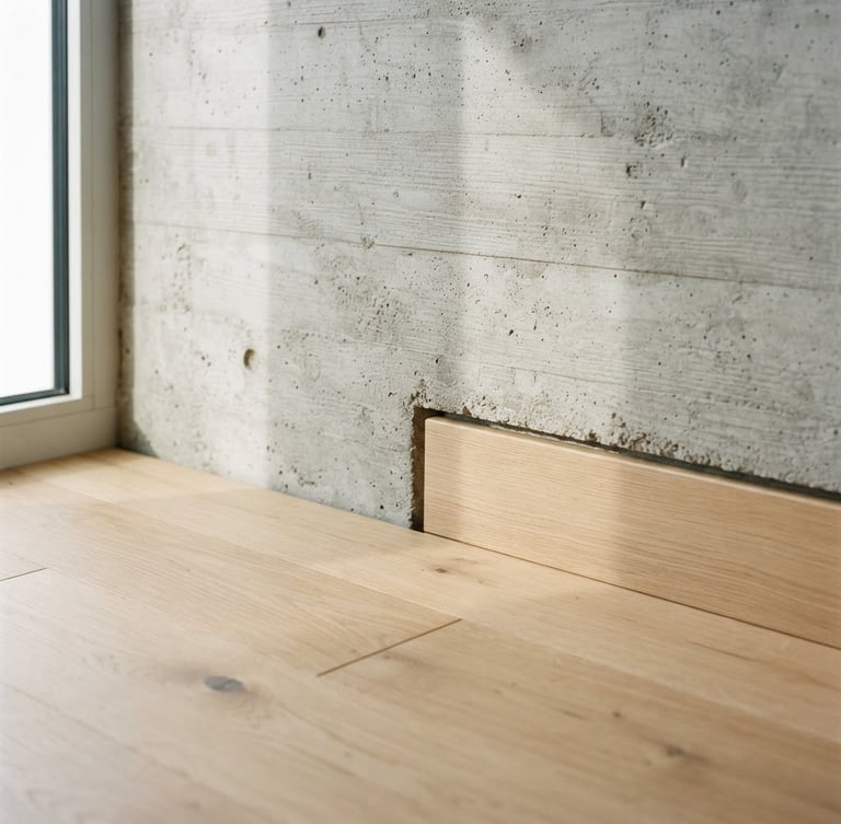 Close-up of raw concrete junction meeting light oak wood, bright natural daylight casting soft geometric shadows, minimalist architectural detail, 35mm lens