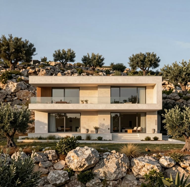 Modern residential villa facade integrated into a limestone hillside in Provence, olive trees, late afternoon golden light, minimalist architectural photography