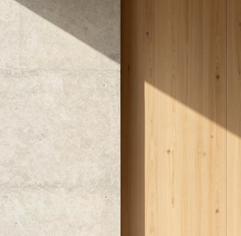 Portrait architectural detail of a raw concrete wall meeting warm oak paneling, soft morning light casting geometric shadows, minimalist composition
