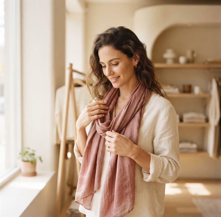An elegant woman in a soft cream-colored linen blouse gently adjusting a dusty rose silk scarf, warm morning window light casting soft shadows, minimalist boutique interior in the background, shallow depth of field, 35mm editorial fashion photography