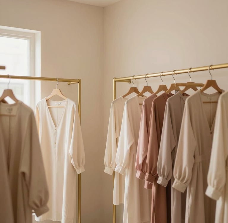 Warm minimalist boutique interior in Ampang, soft beige walls, delicate gold clothing racks displaying cream and dusty rose garments, soft morning light